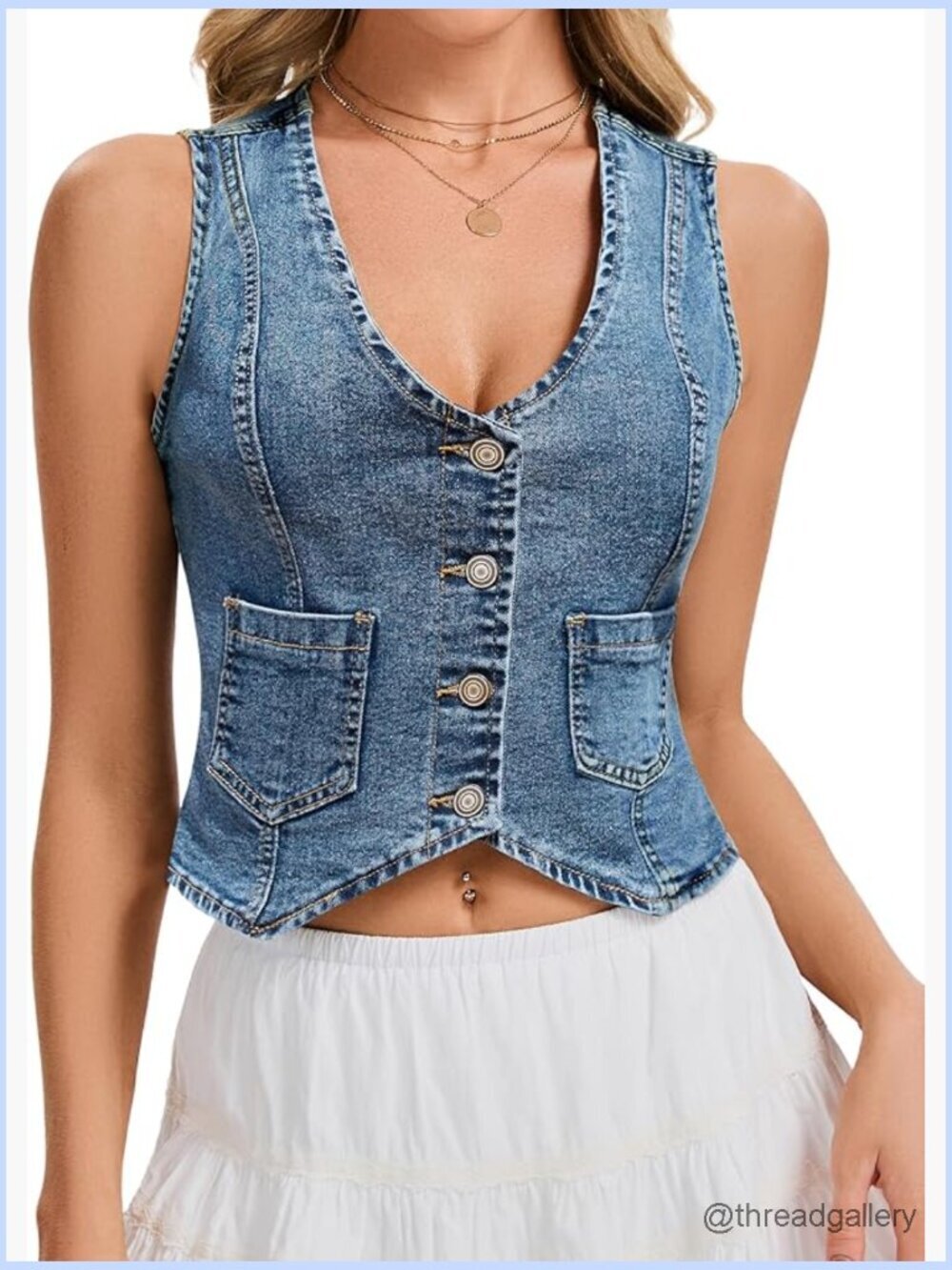 Sleeveless Cropped Denim Vest with Pockets V-Neck Button Down